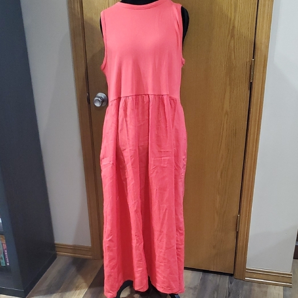 Chico's Watermelon Pink Sleeveless Ribbed Top Lined Bottom Maxi Dress